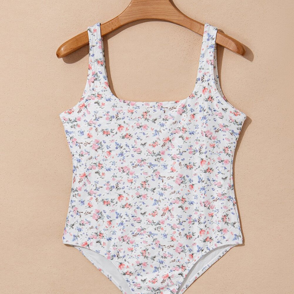 B255 White Floral Textured Square Neck Sleeveless Bodysuit - Picture 9 of 14